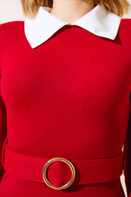 Kloş Kemerli Elbise Kırmızı - Thumbnail