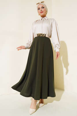 Kloş Model Etek Haki - Uzun Etek