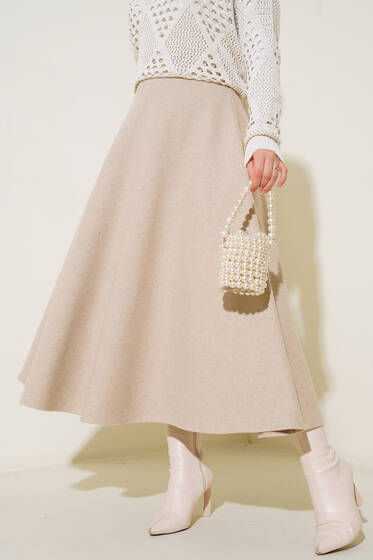 Kloş Model Kaşe Etek Bej - Uzun Etek