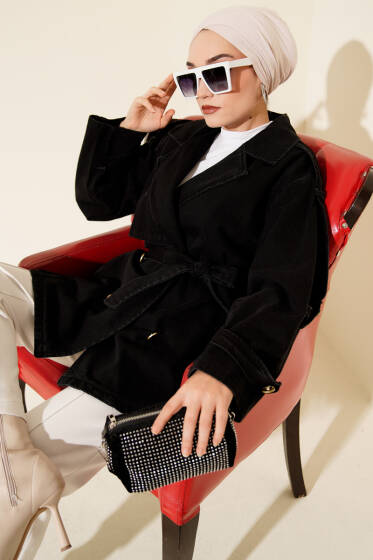 Kol Apoletli Kuşaklı Kot Trençkot Siyah - Trençkot