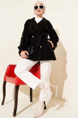 Kol Apoletli Kuşaklı Kot Trençkot Siyah - Trençkot