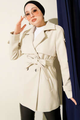 Kol Apoletli Parçalı Kısa Kaşe Kaban Bej - MUSTİ