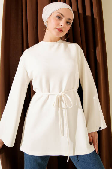 Kol Armalı Loyşa İp Kuşaklı Tunik Ekru - Yılın Fırsatı