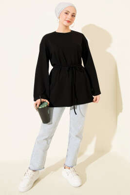 Kol Armalı Loyşa İp Kuşaklı Tunik Siyah - Yılın Fırsatı