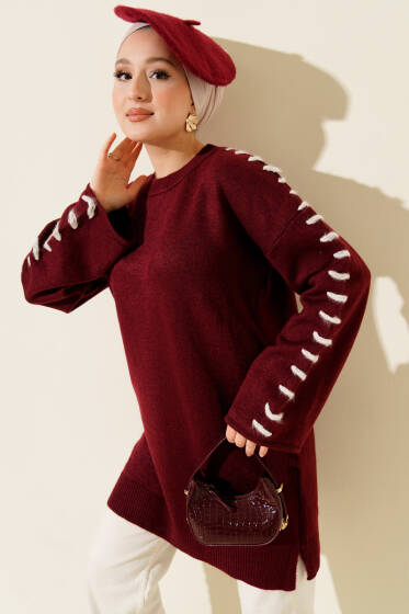Kol Bağcık Detaylı Triko Tunik Bordo - Tunik