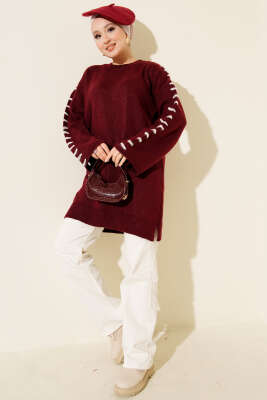 Kol Bağcık Detaylı Triko Tunik Bordo - Tunik