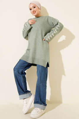 Kol Bağcık Detaylı Triko Tunik Çağla Yeşili - Tunik