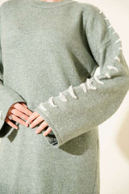 Kol Bağcık Detaylı Triko Tunik Çağla Yeşili - Tunik