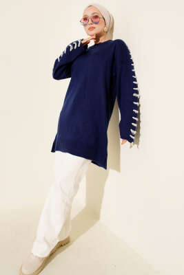 Kol Bağcık Detaylı Triko Tunik Lacivert - Tunik