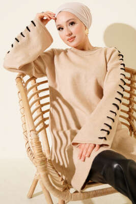 Kol Bağcık Detaylı Triko Tunik Latte - NESSİA