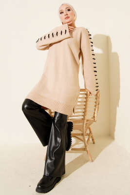 Kol Bağcık Detaylı Triko Tunik Latte - Tunik