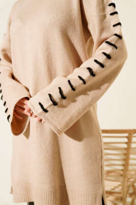 Kol Bağcık Detaylı Triko Tunik Latte - Tunik