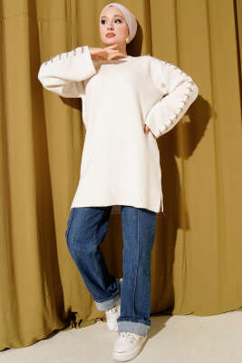 Kol Bağcık Detaylı Triko Tunik Taş - Tunik