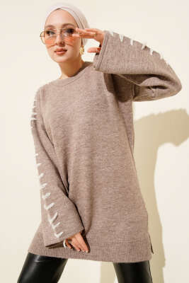 Kol Bağcık Detaylı Triko Tunik Vizon - NESSİA