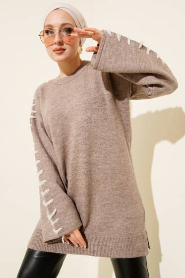 Kol Bağcık Detaylı Triko Tunik Vizon - Tunik