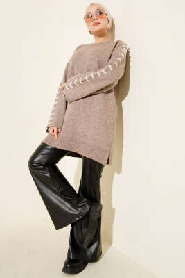 Kol Bağcık Detaylı Triko Tunik Vizon - Tunik