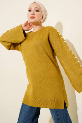 Kol Bağcık Detaylı Triko Tunik Yağ Yeşili - NESSİA