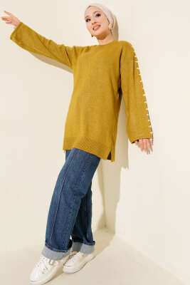 Kol Bağcık Detaylı Triko Tunik Yağ Yeşili - Tunik