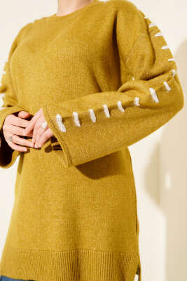 Kol Bağcık Detaylı Triko Tunik Yağ Yeşili - Tunik