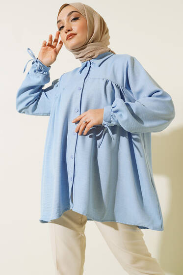 Kol Bağcıklı Flam Keten Gömlek Mavi - Gömlek