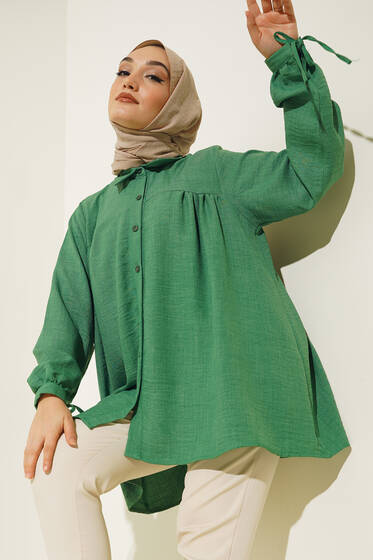 Kol Bağcıklı Flam Keten Gömlek Zümrüt - Gömlek