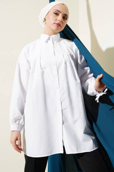 Kol Bağcıklı Göğüs Pileli Gömlek Beyaz - Gömlek