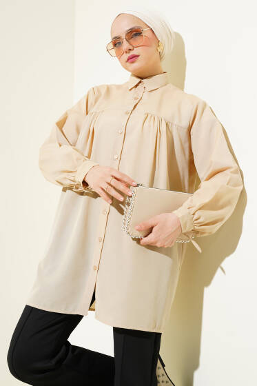 Kol Bağcıklı Göğüs Pileli Gömlek Latte - Gömlek
