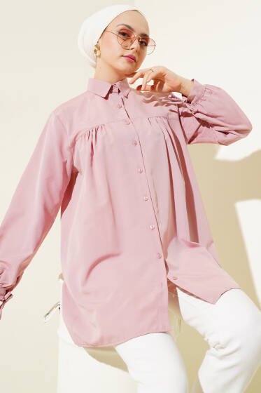 Kol Bağcıklı Göğüs Pileli Gömlek Pudra - Gömlek