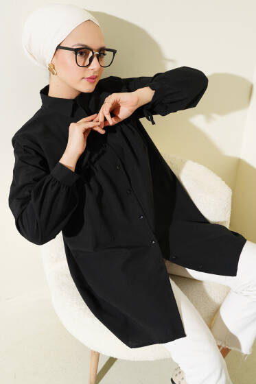 Kol Bağcıklı Göğüs Pileli Gömlek Siyah - Gömlek