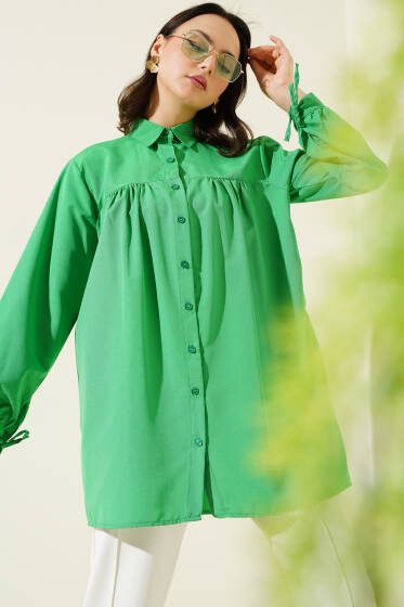 Kol Bağcıklı Göğüs Pileli Gömlek Yeşil - Gömlek