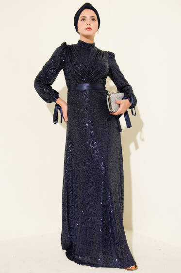 Kol Bağcıklı Pul Payet Abiye Elbise Lacivert - Elbise