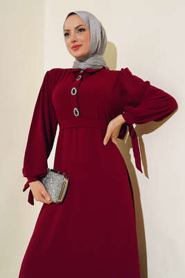 Kol Bağlamalı Elbise Bordo - Tesettür Elbise
