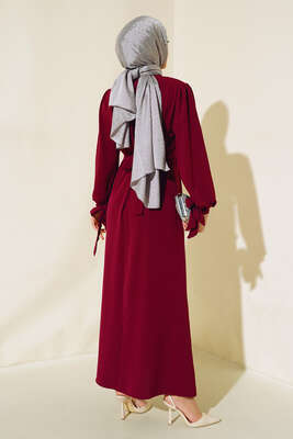 Kol Bağlamalı Elbise Bordo - Tesettür Elbise