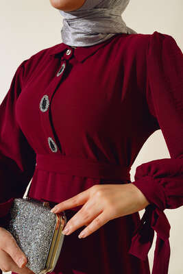 Kol Bağlamalı Elbise Bordo - Tesettür Elbise