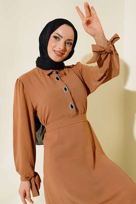 Kol Bağlamalı Elbise Camel - Tesettür Elbise