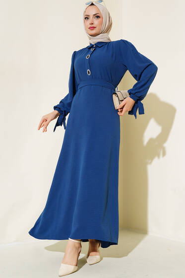Kol Bağlamalı Elbise İndigo - Tesettür Elbise