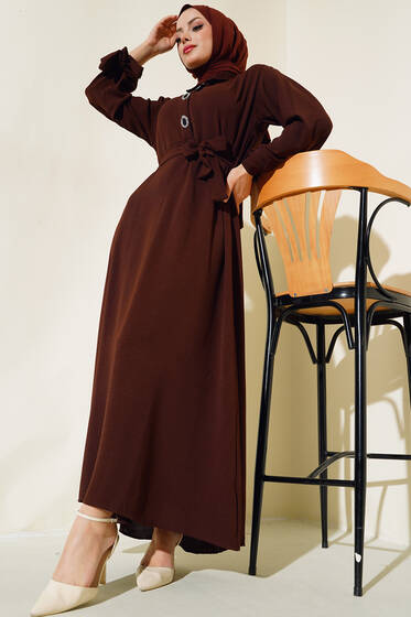 Kol Bağlamalı Elbise Kahve - Tesettür Elbise