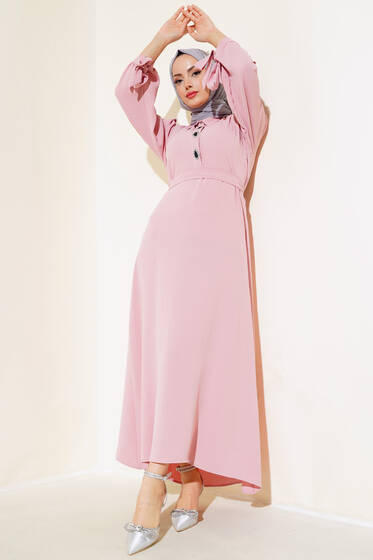 Kol Bağlamalı Elbise Pembe - Tesettür Elbise
