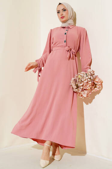 Kol Bağlamalı Elbise Pudra - Tesettür Elbise
