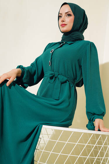 Kol Bağlamalı Elbise Zümrüt - Tesettür Elbise
