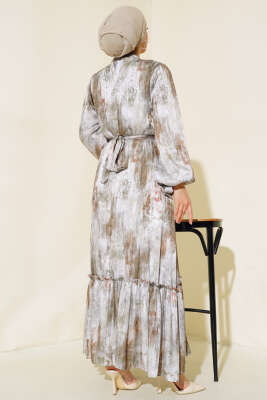 Kol Bağlamalı Saten Elbise Haki - Tesettür Elbise