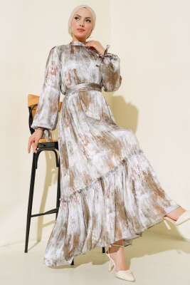 Kol Bağlamalı Saten Elbise Haki - Tesettür Elbise