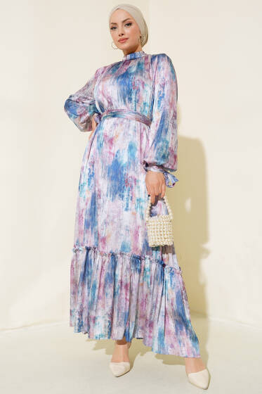 Kol Bağlamalı Saten Elbise İndigo - Elbise