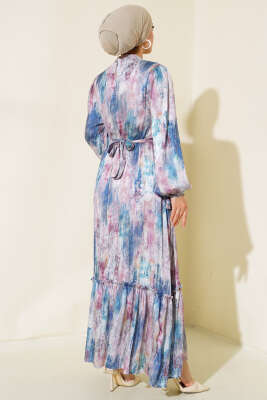 Kol Bağlamalı Saten Elbise İndigo - Tesettür Elbise