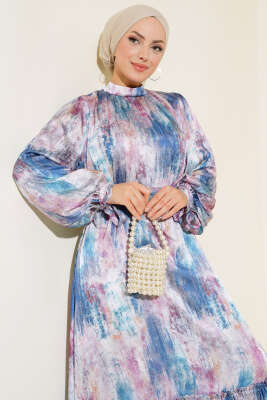 Kol Bağlamalı Saten Elbise İndigo - Tesettür Elbise