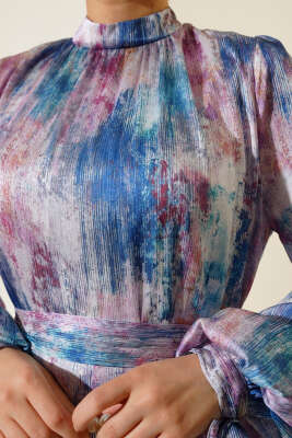 Kol Bağlamalı Saten Elbise İndigo - Tesettür Elbise