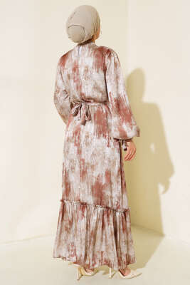 Kol Bağlamalı Saten Elbise Taba - Tesettür Elbise