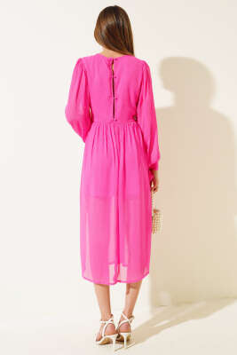 Kol Bağlamalı Tül Elbise Fuşya - Kadın Giyim Modelleri