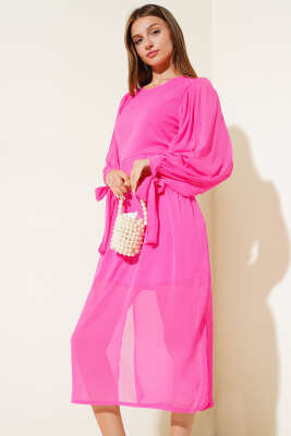 Kol Bağlamalı Tül Elbise Fuşya - Kadın Giyim Modelleri