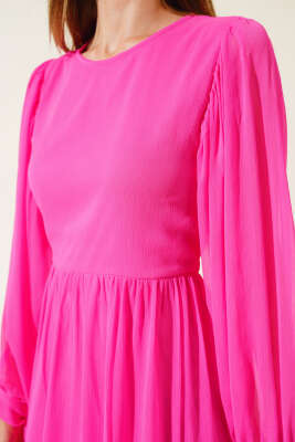 Kol Bağlamalı Tül Elbise Fuşya - Kadın Giyim Modelleri